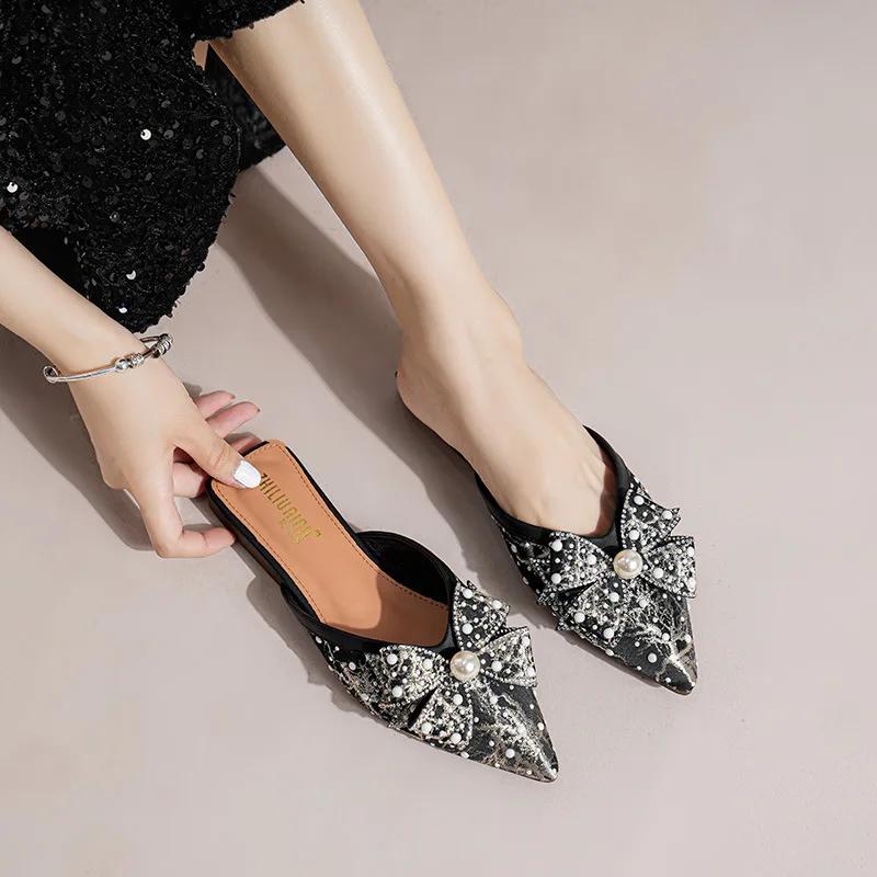 New Women Shoes Fashion Slipper Slik Upper Pointed Toe Bowknot Casual Sandals Ladies Match Dress Flat Slides