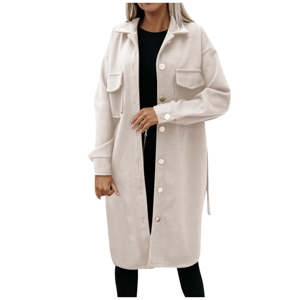 Einreihige, langärmlige Wolljacke für Damen mit einfarbigem Gürtel und Taschen