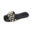 Large size pearl flat bottom sandals women's summer new square head casual wear one-word slippers