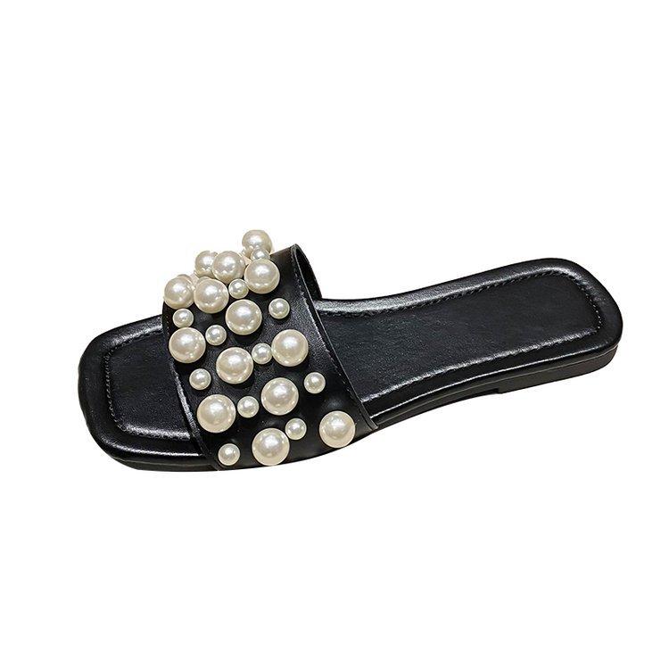Large size pearl flat bottom sandals women's summer new square head casual wear one-word slippers