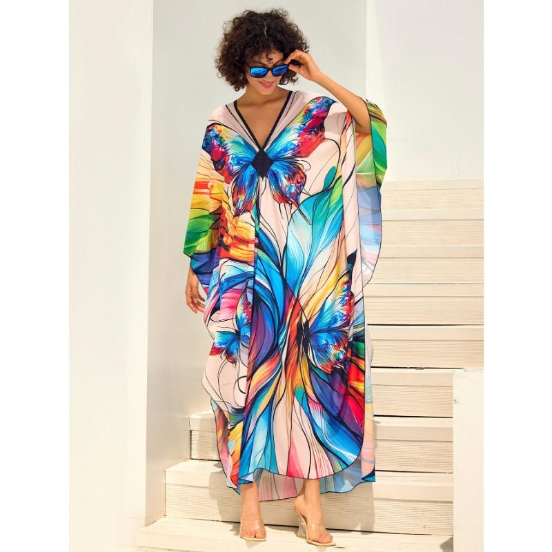 Women's Fashion Summer Spring Feather Print 3/4 Sleeves V-Neck Loose Waistline Casual Dresses