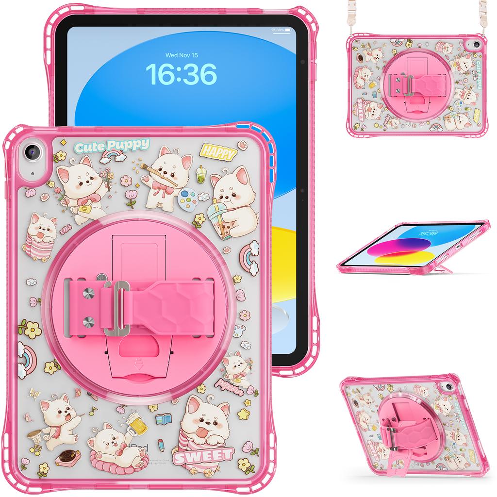 For iPad (2025)/10.9 (2022) Case Kickstand Hand Strap Imprint PC TPU Acrylic Cover with Shoulder Strap