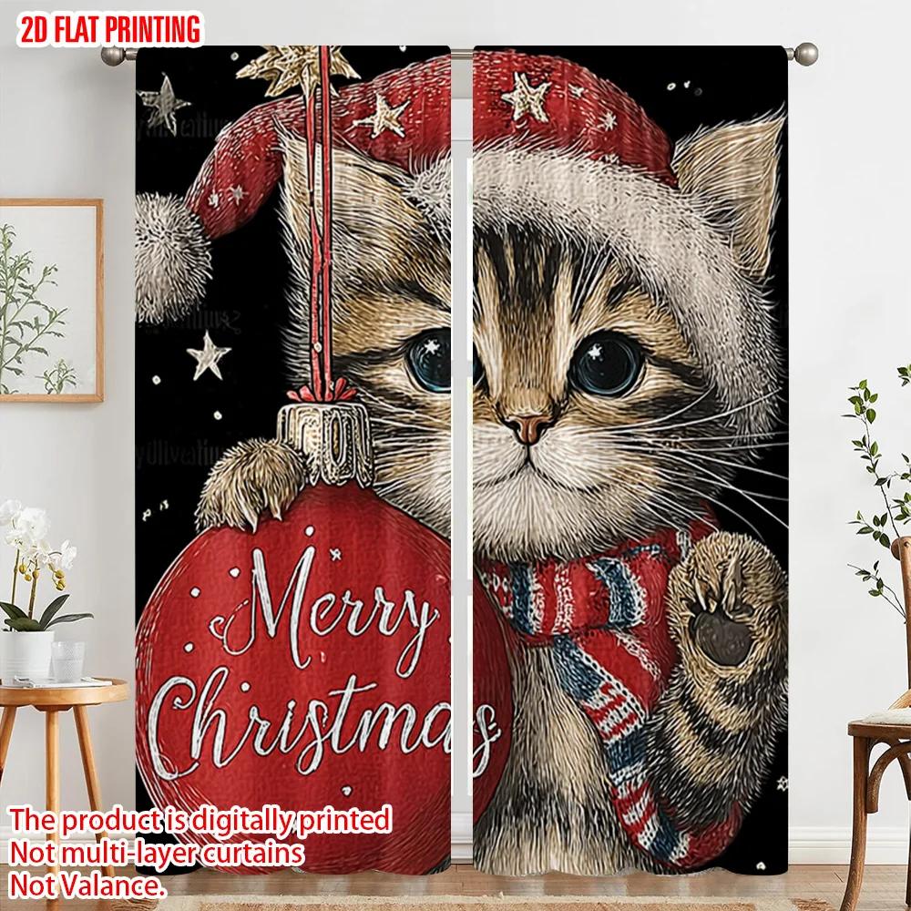 2pcs, plane printing Curtains&Window Treatment Santa Hat Red Cat_ Lantern & Snowflakes Versatile Polyester Fabric (without