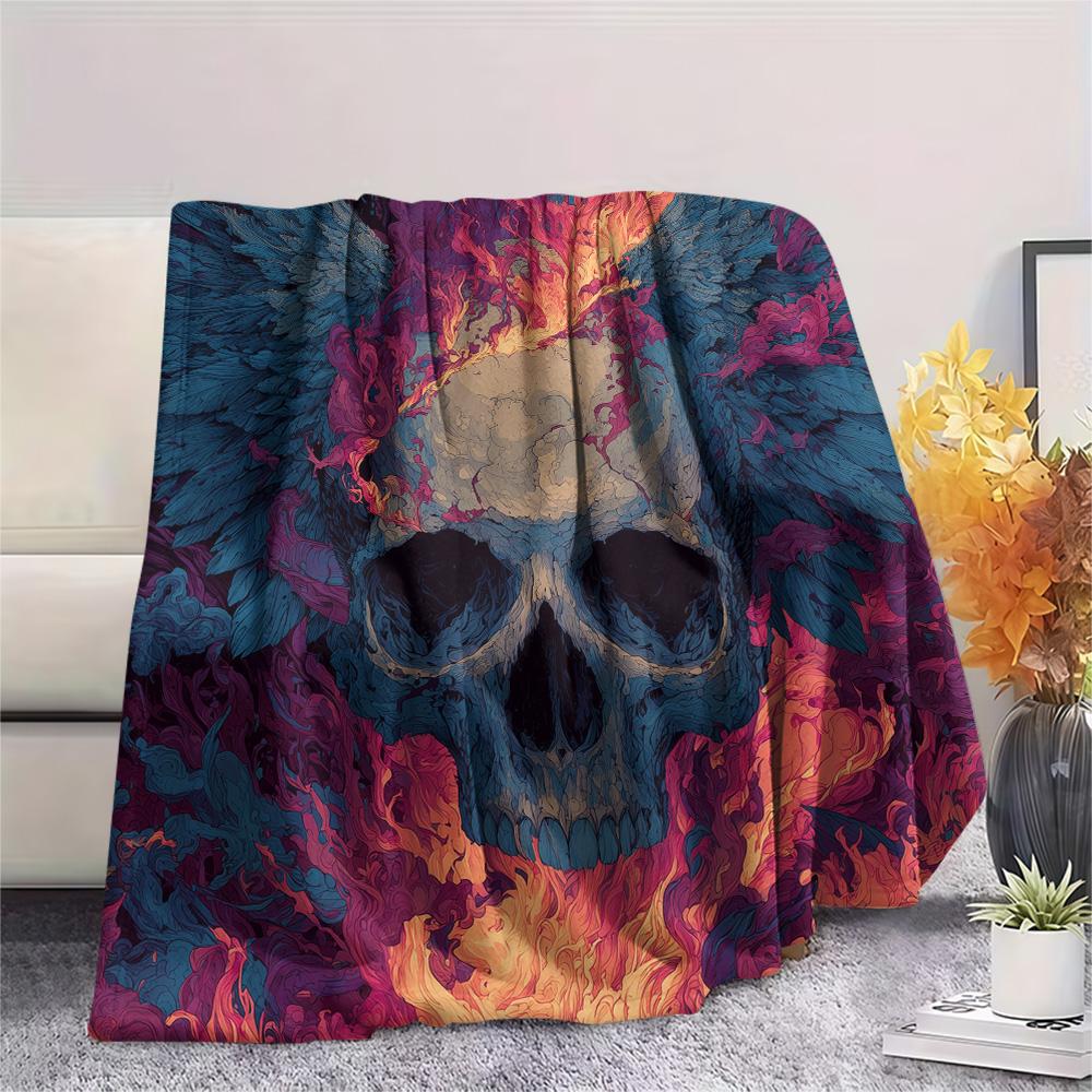 Winged Skull Print Flannel Blanket, High Quality Comfortable for All Seasons, Home Decor, Warmth and Comfort