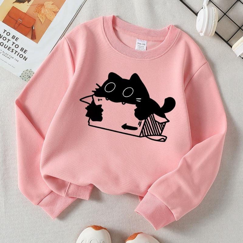 Kids Crewneck Sweatshirt, Playful Cat In Box Print, Soft Casual Pullover for Fall Winter