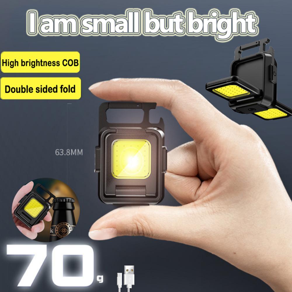 Mini Multifunctional LED Flashlight Keychain Light Double COB Lights USB RechargeableWork Light Emergency Portable Light Camping