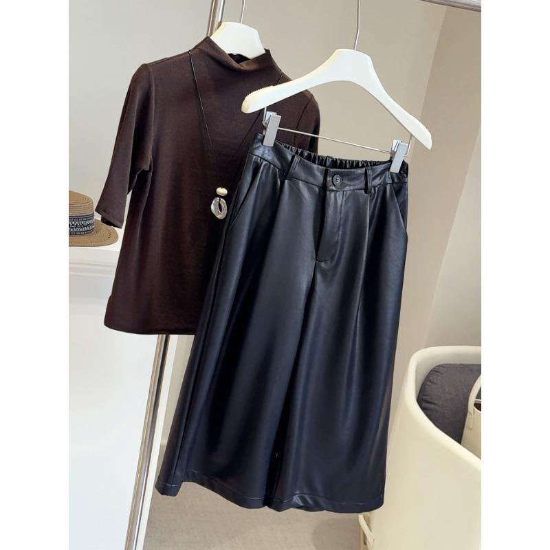 

Высококлассный роскошный черный костюм, брюки из искусственной кожи, женский осенне-зимний, с высокой талией и тонкий, прямой, свободный, повседневный, семиточечный, с широкими штанинами, ботинки L чёрный