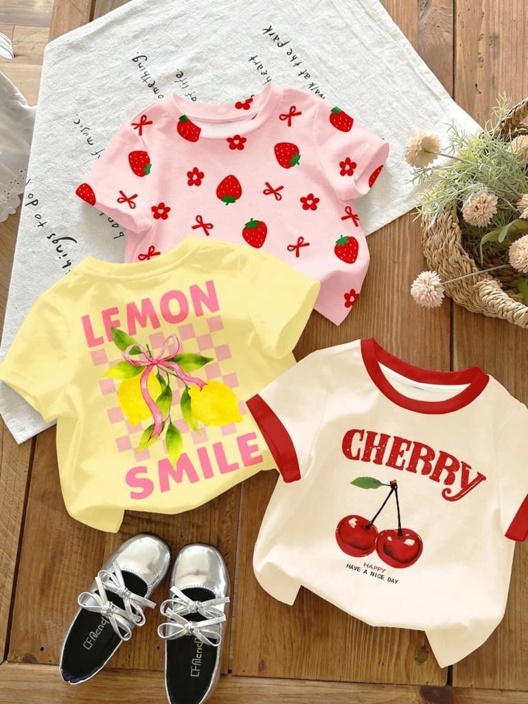 Summer Strawberry Printed T-Shirt Sweet Cute Cartoon Short Sleeve Children's T-Shirt Crew Neck Casual Tees Outdoor Girls Clothes
