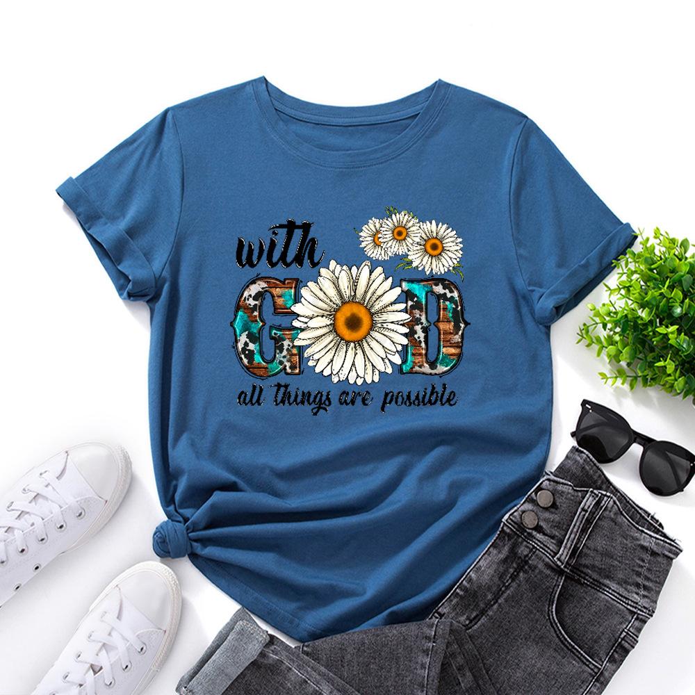 Cotton T-Shirt Short Sleeve Round Neck Women 2d Print Tops