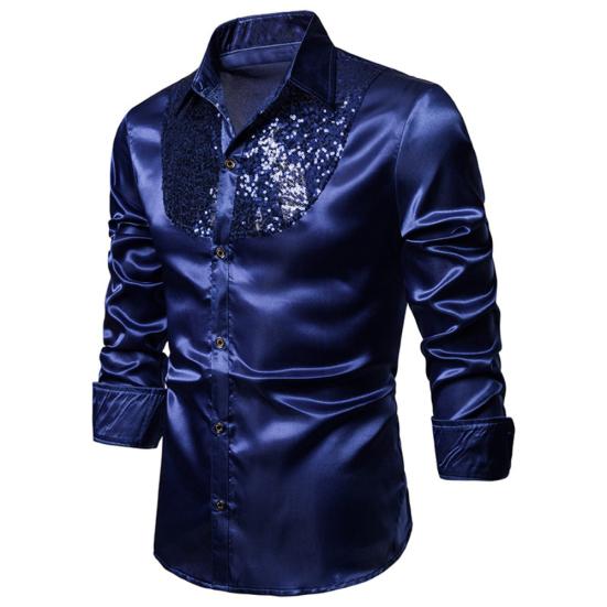 Men Solid Color Long Sleeve Shiny Sequins Buttons Stage Business Nightchlub Shirt