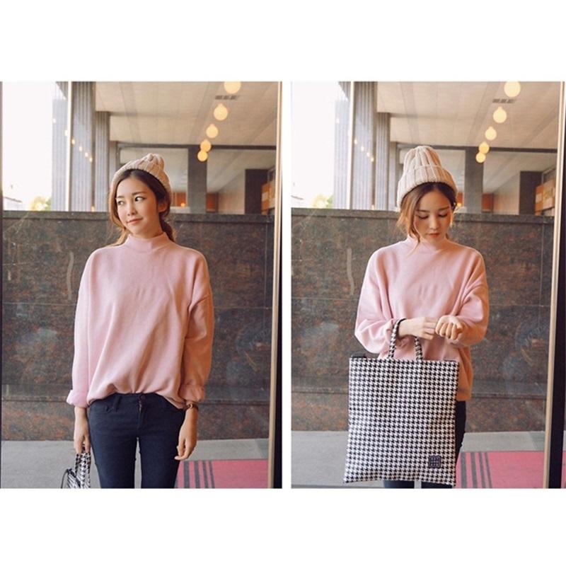 Solid Color Small High Neck Loose Casual Plus Velvet Long Sleeved Top