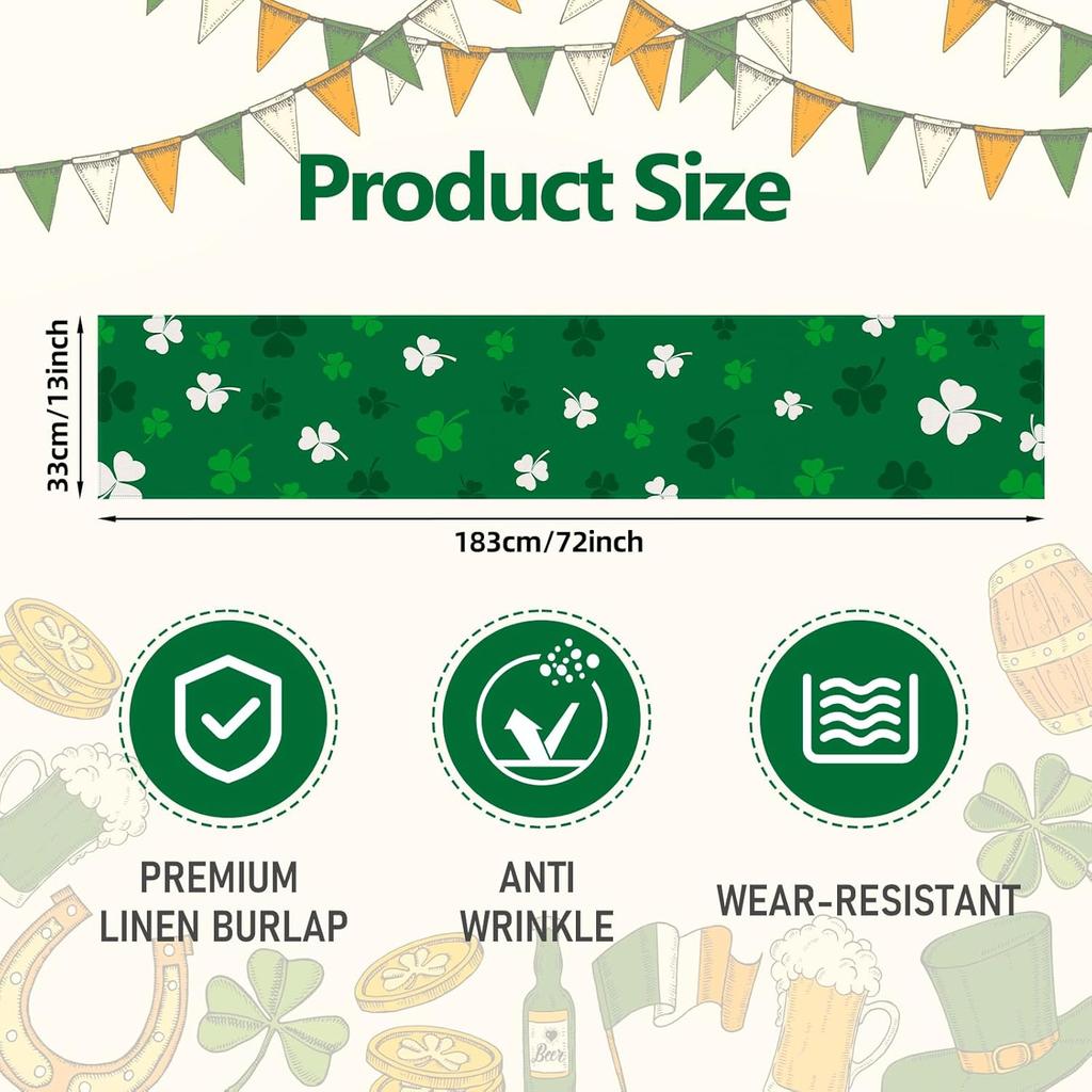 St. Patrick's Day Shamrock Table Runner 72 x 13 Inch, Green and White Clover Pattern Table Cover for Irish Holiday Celebration, Perfect for Home,