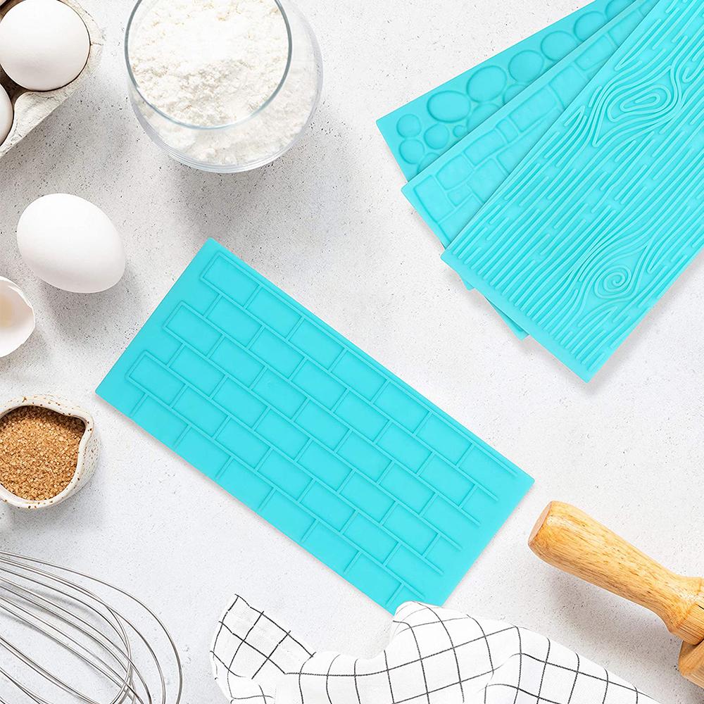 4Pcs Plastic Embossing Fondant Molds Set Icing Chocolate Cake Decorating Mould Brick Wood Cobble Pebble Stone Designs Baking