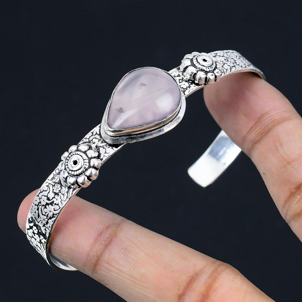 Gift For Women Bangle Adjustable 925 Silver Natural Rose Quartz Gemstone