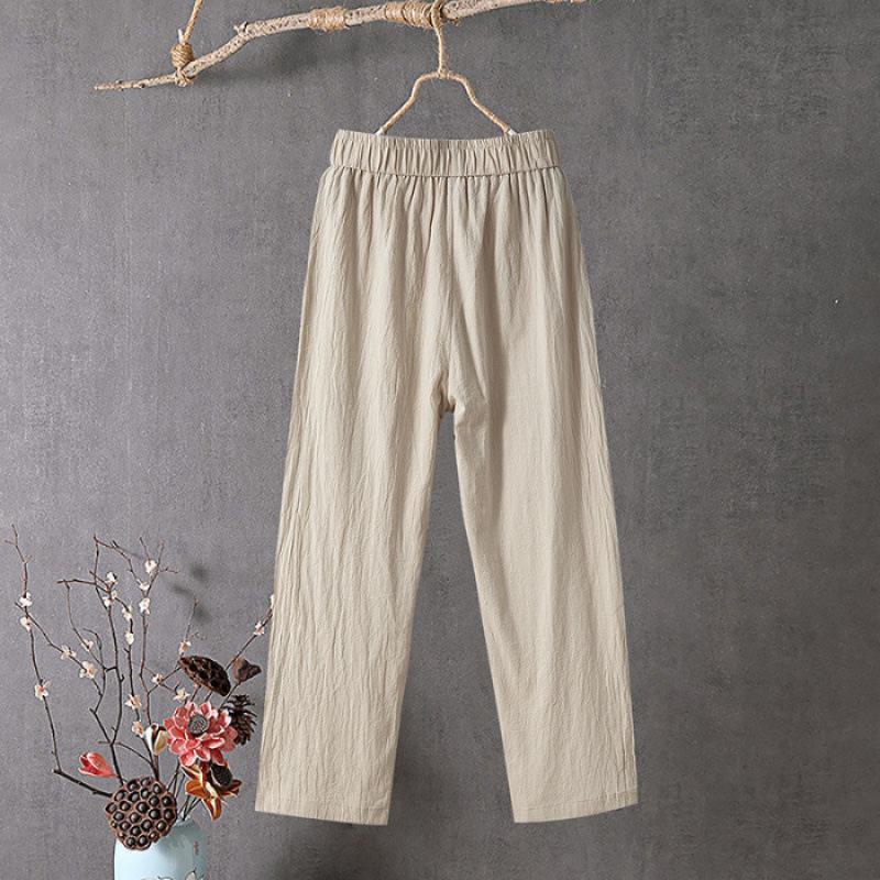 Cotton Linen Loose Straight Harem Pants with Elastic Waistband