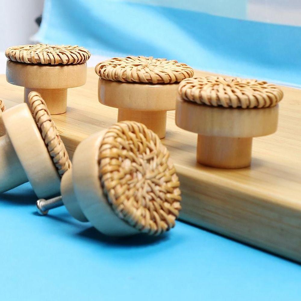 2/4/6/8Pcs Round Rattan Drawer Knobs Solid Wood Door Pulls  Furniture Hardware Accessories