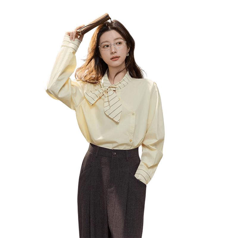 Mishow Women s Patchwork Striped Yellow Pussy-Bow Shirt L