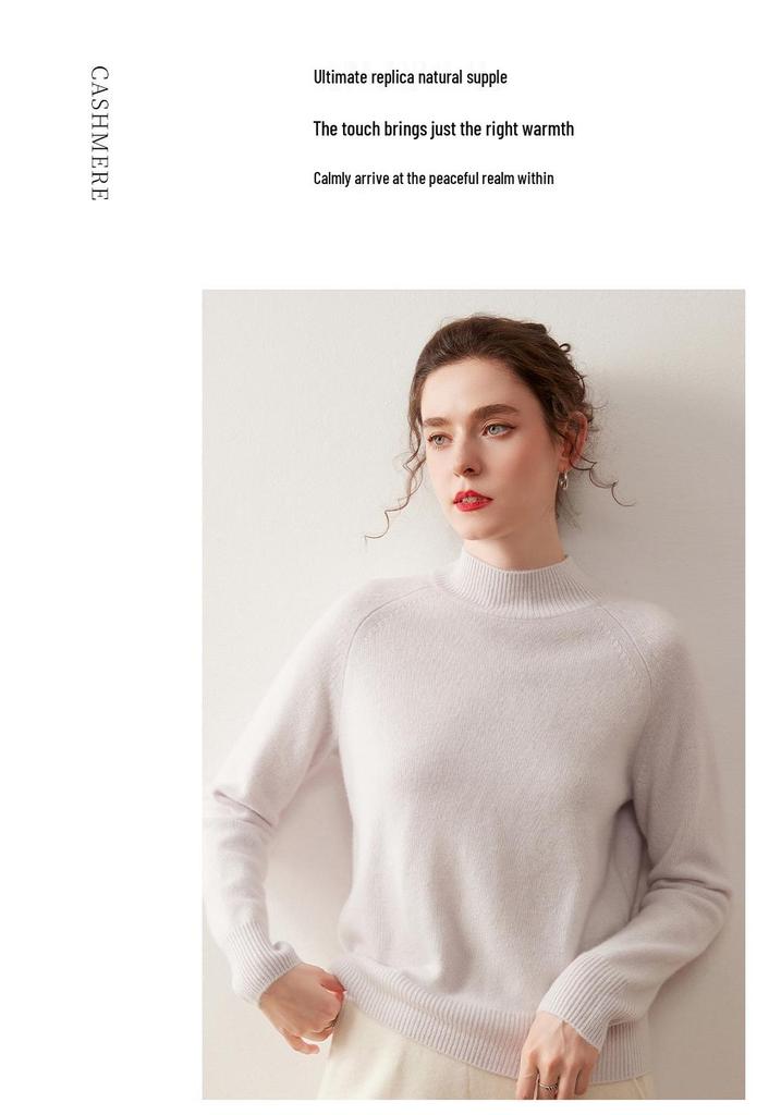 Women's Korean Style Cashmere Sweater: Half-High Collar, Solid Color, Short Raglan Sleeve, Perfect for Autumn and Winter