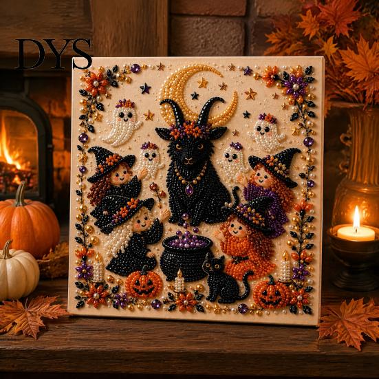 Fall Holiday Decoration Halloween Faux Pearl Art DIY Kit, 3D Bead Embroidery Craft Set, Spooky Painting Kit Ghost Goat Witch Wall Art, Seasonal