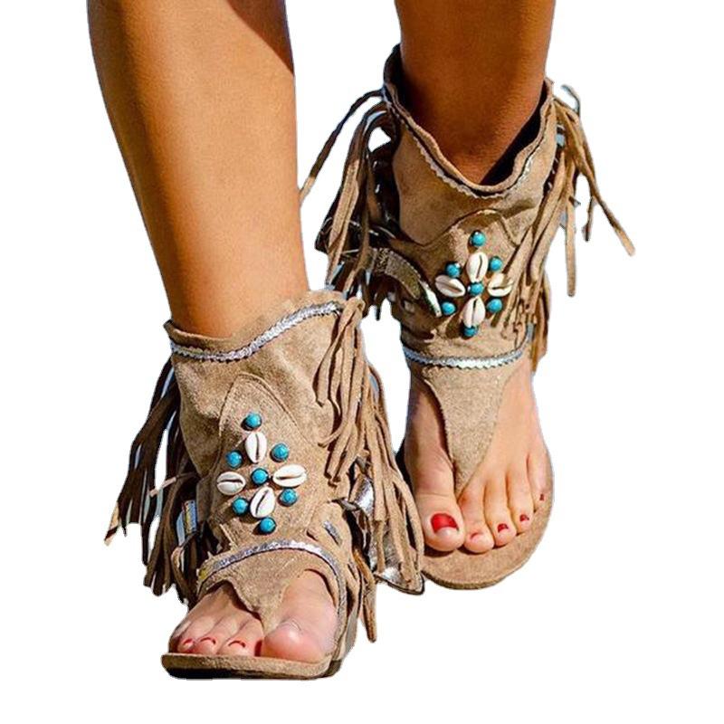 Tassel Flat Toe Sandals Large Size Beaded Cool Boots Women