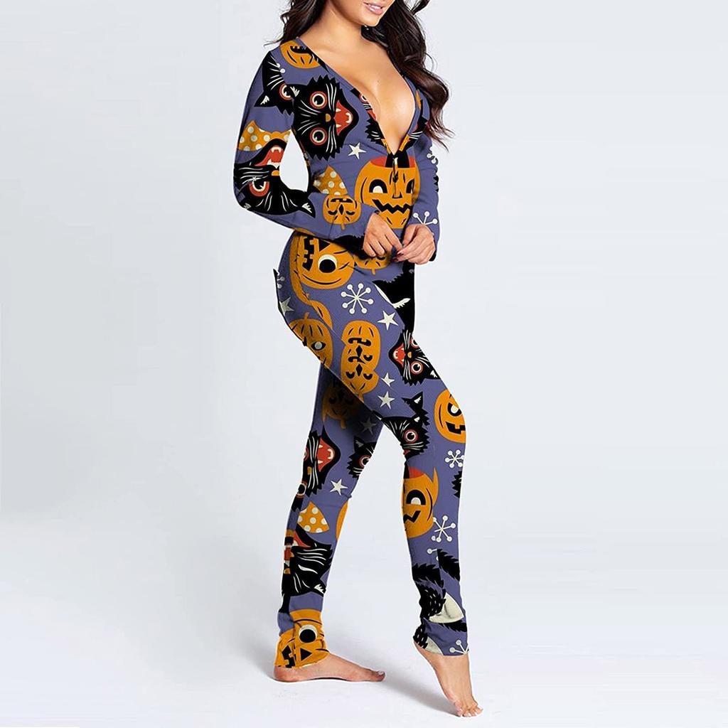 Women's Button-Down Halloween Print Functional Buttoned Flap Adults Jumpsuit