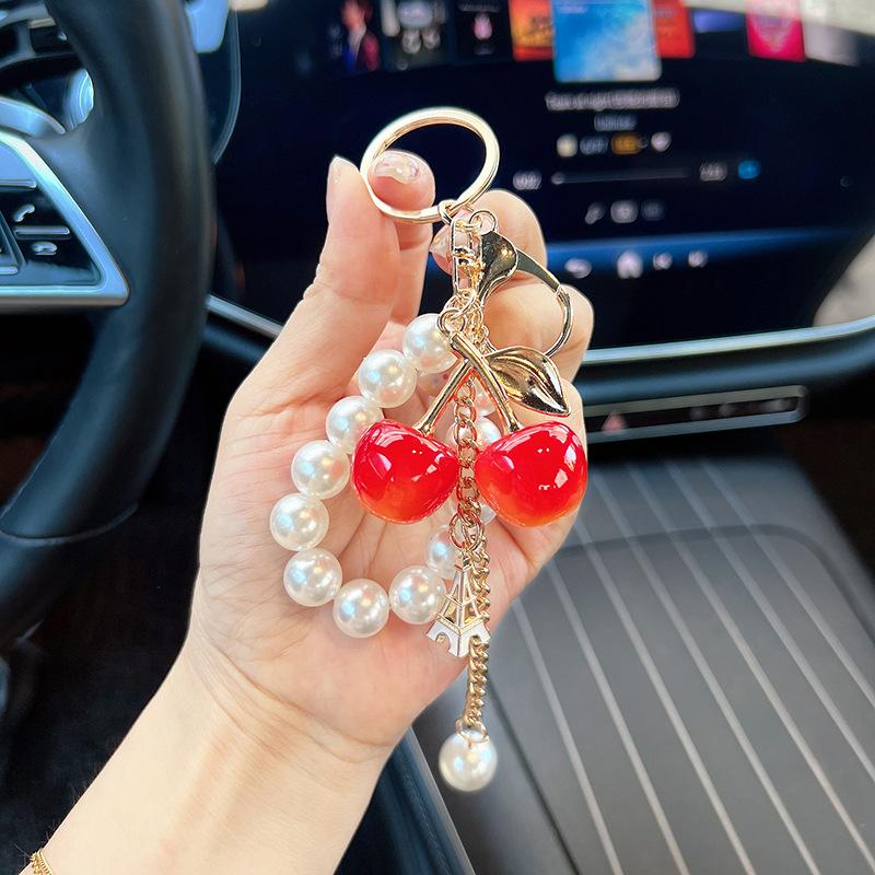 Yogodlns Acrylic Cherry Bag Charm With Imitation Pearl Bead Chain Mini Eiffel Tower Metal Pendant Gold Leaf Keychain Handbag Accessory