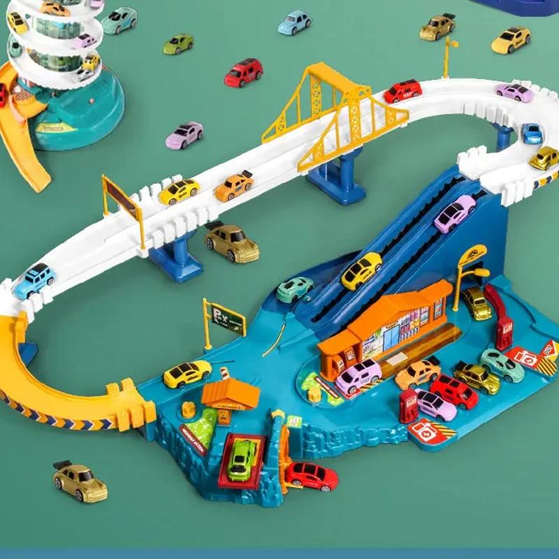Electric Car Track Toy Train Children Parking Tower Miniature Cars Models Indoor Games Child Vehicle Toys for Kids Boys Baby