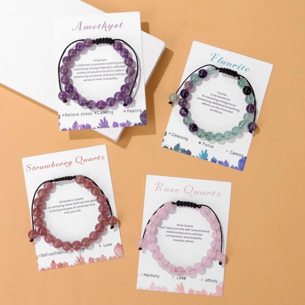 New Natural Stone Amethysts Bracelet with Card 8mm Pink Quartz Fluorite Beads Bracelet Adjustable for Women Men Couple Jewelry