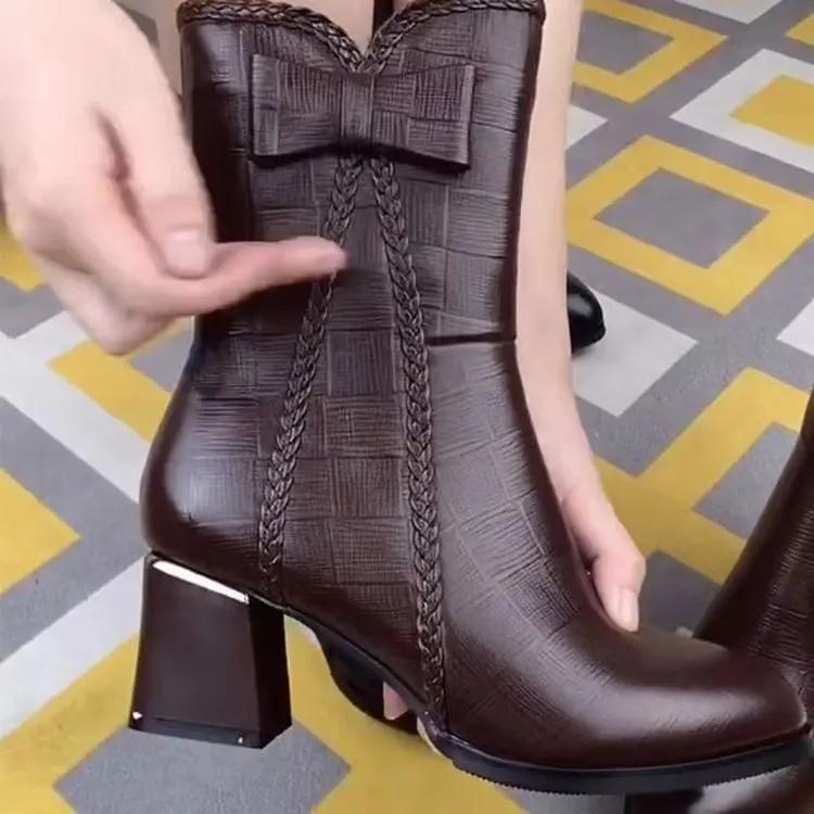 Damen Schuhe Neue Mode Dicke Sohle Stiefeletten Schleife Bequem Wasserdicht Mittelhohe Wadenhöhe Absätze Damenstiefel