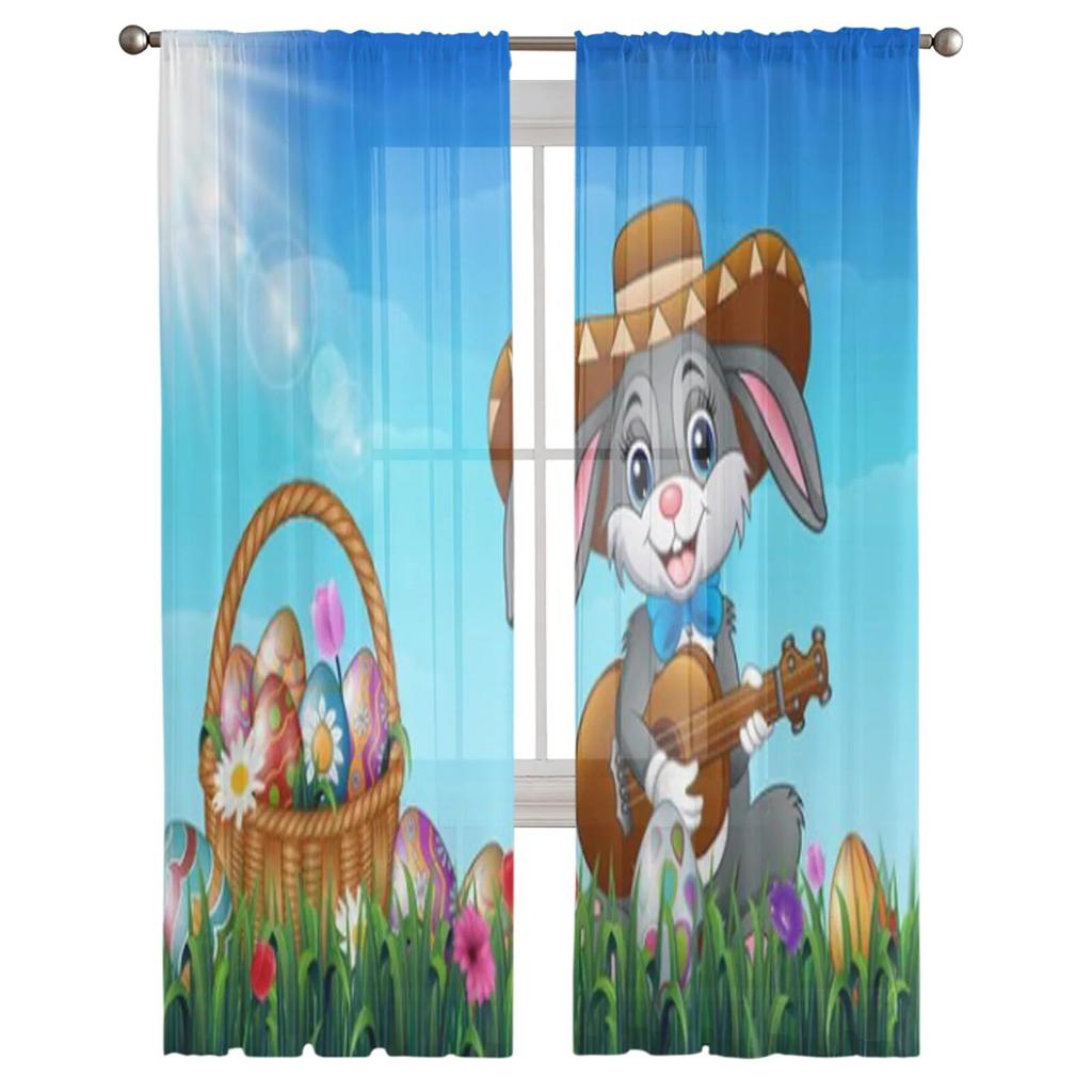 Ostern Gras Kaninchen Tüll Vorhang für Wohnzimmer Sheer Volant Vorhang für Küche Schlafzimmer Fenster Vorhänge