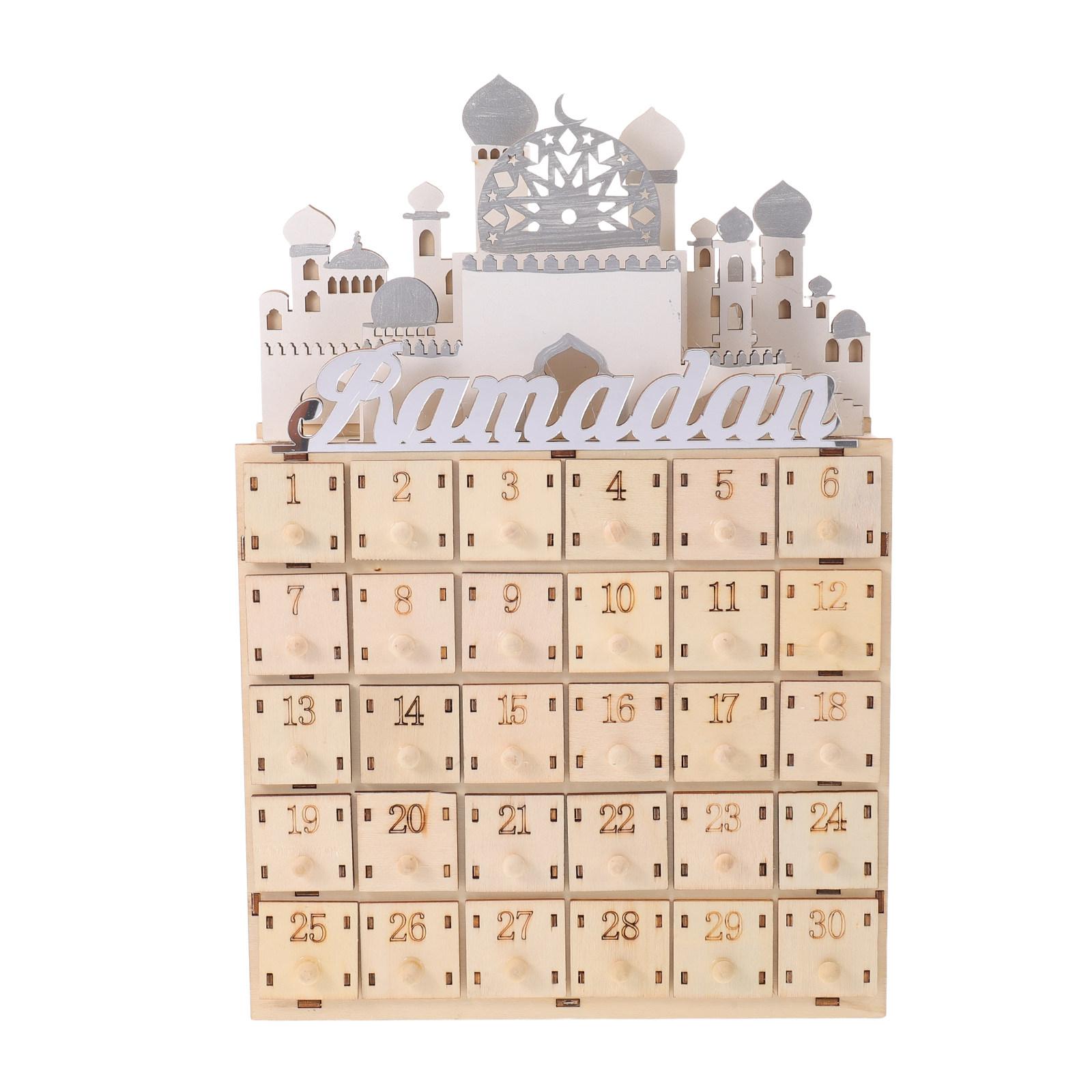 

30-Day Ramadan Wooden Countdown Calendar with LED Lights Middle Eastern Castle Silhouette Eid Mubarak Festival Decor Home China Mainland
