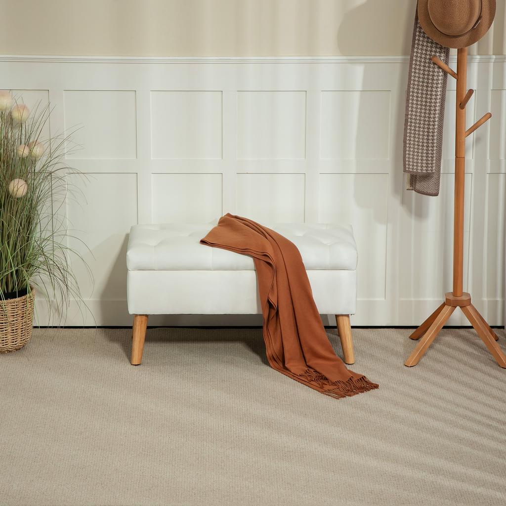 Upholstered Storage Bench, Velvet-Look Fabric Cover, Wooden Legs, for Living Room, Bedroom, Hallway, 80 x 35 x 42 cm, White