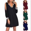 Women's Sequin Trim Deep V Neck Cold Shoulder Long Sleeve Mini Dress Solid Color Loose Casual Party Short Dress