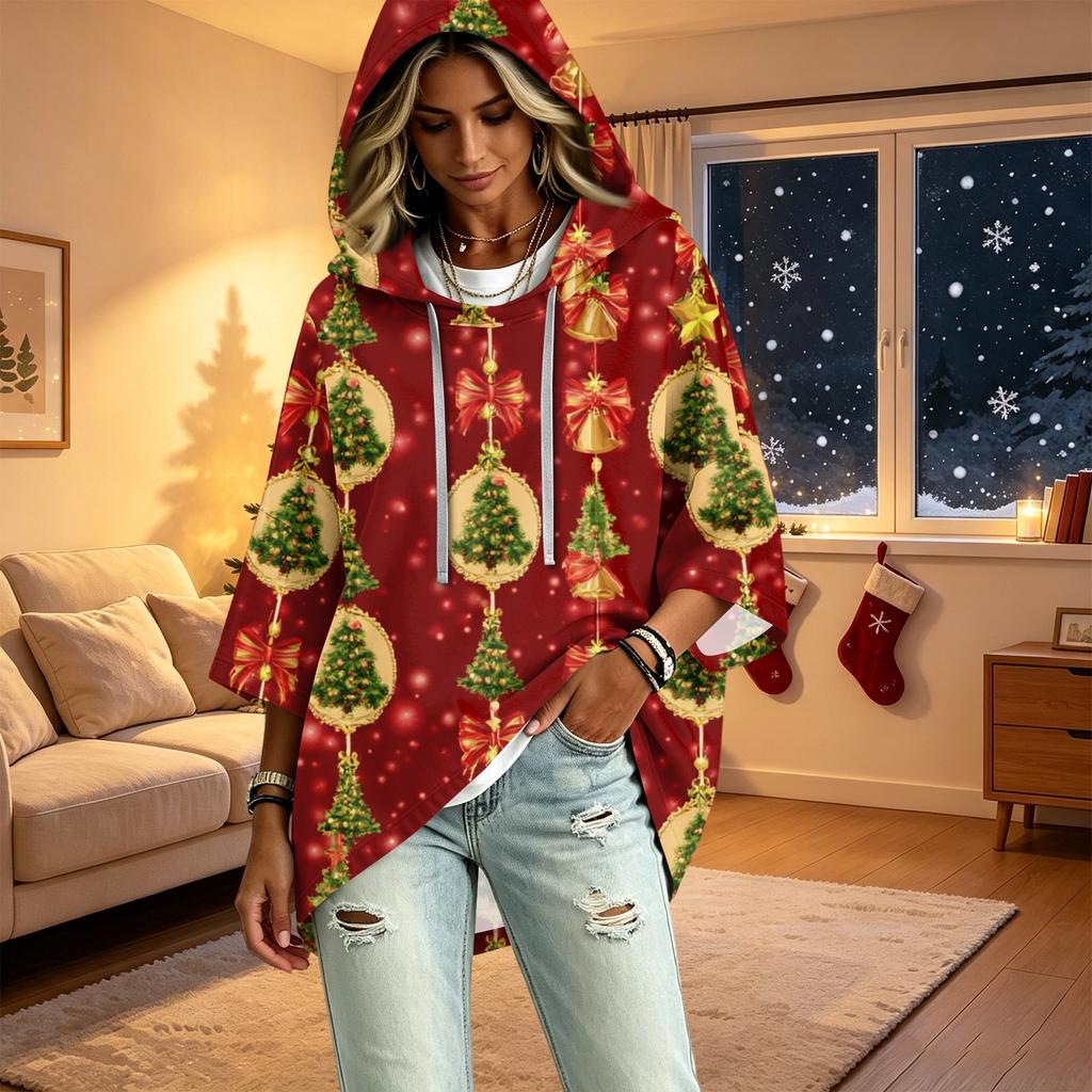 Women's 3/4 Sleeve Christmas Print Hooded Pullover Top Casual Holiday Outfit