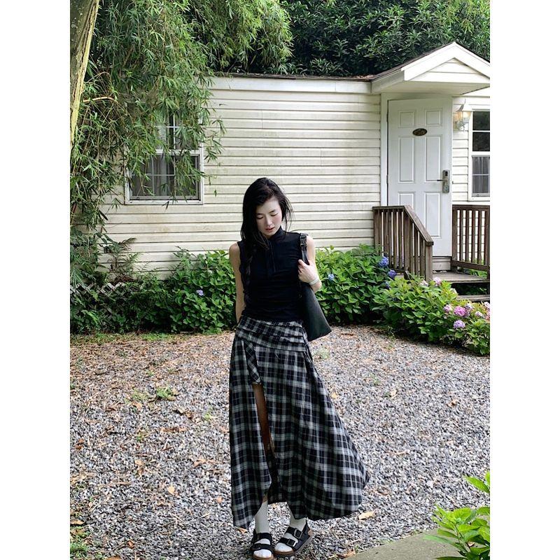 Kumikumi Design Sense Black Pleat Vest Top Women Summer Slimming Plaid Skirt Long Dress Two-piece Set