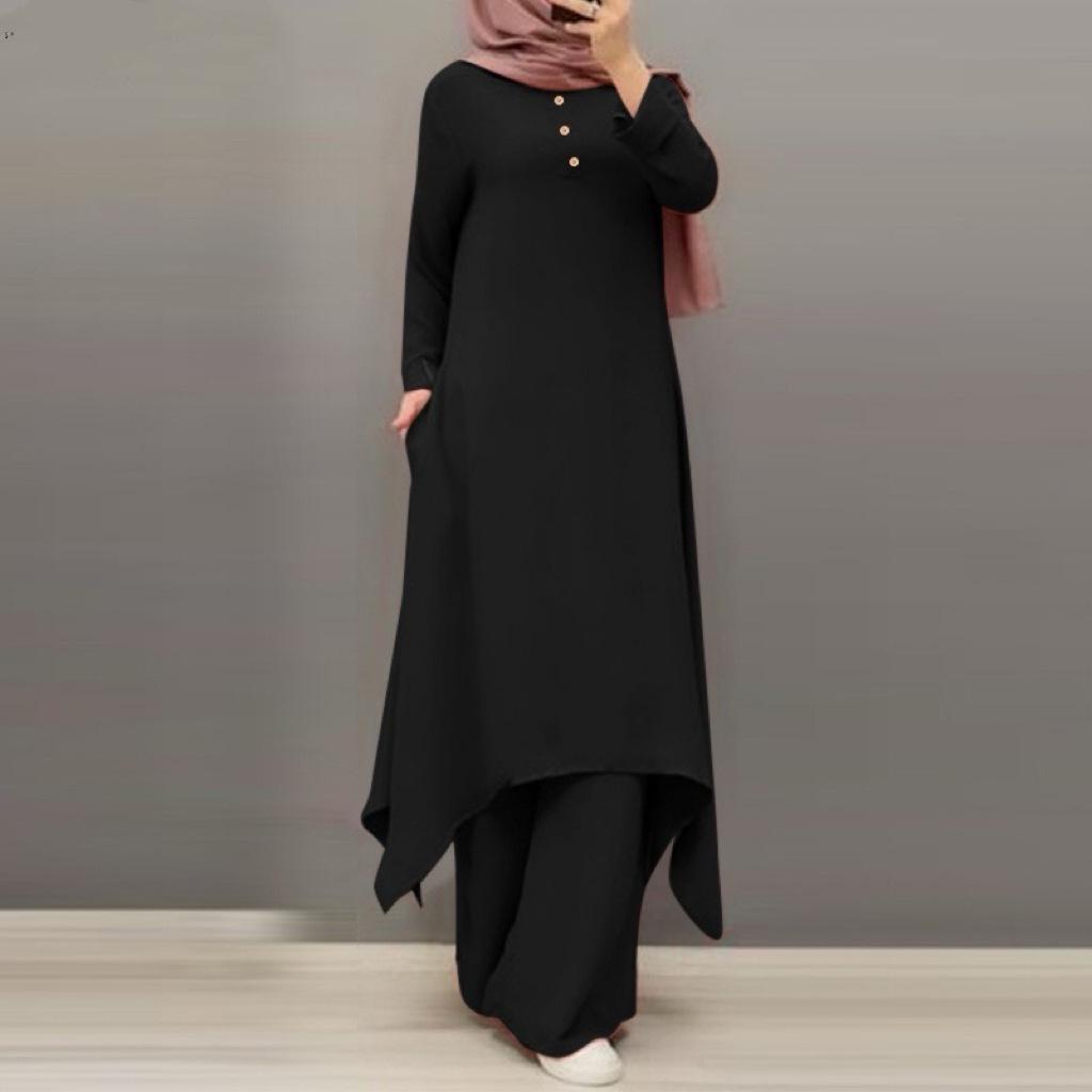 2024 Spring & Autumn Muslim Women's Solid Color Round Neck Buttoned Long Sleeve Top & Wide Leg Pants Set for Middle East.