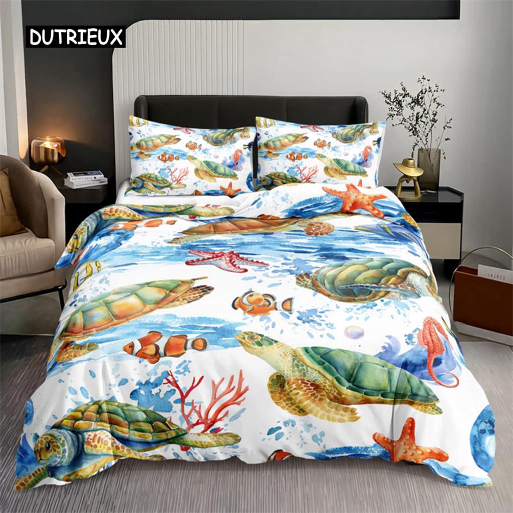 Watercolor Jellyfish Duvet Cover Mermaid Kawaii Sea Turtle Bedding Set Full For Boys Girls Gift Sea Ocean Theme Comforter Cover