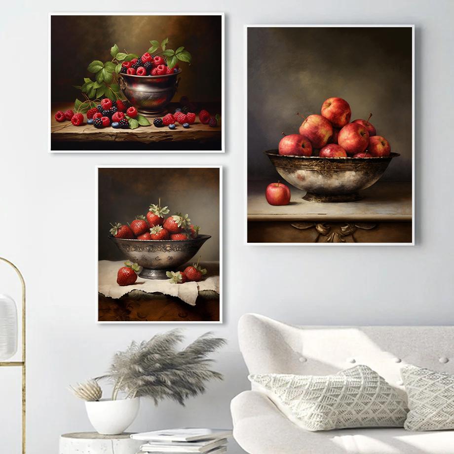 Vintage Country Kitchen Strawberry Lemon Fruit Still Life Posters Prints Canvas Painting Wall Art Picture Living Room Home Decor