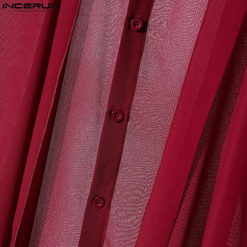 INCERUN Men Stand Neck Short Sleeve Double Layers Buttons Mesh Sheer Casual Shirts