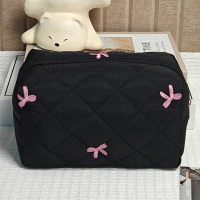 1pc Black Women Portable Makeup Bag Large Capacity Pink Bow Quilting Cosmetic Pouch Handbag Ladies Travel Toiletry Storage Bag