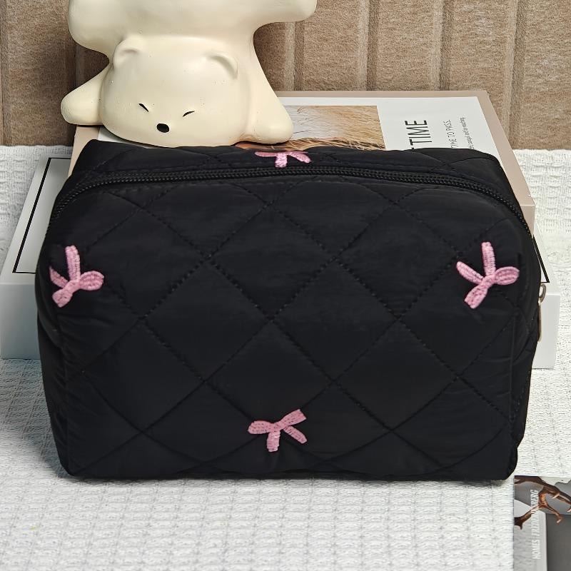 1pc Black Women Portable Makeup Bag Large Capacity Pink Bow Quilting Cosmetic Pouch Handbag Ladies Travel Toiletry Storage Bag