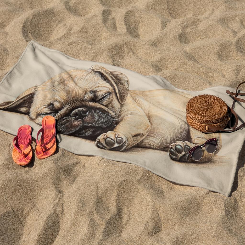 1PC Sleeping Pug Print Beach Towel Polyester Quick-Drying Lightweight Soft Towel for Swimming Surfing Camping Travel Beach Essen