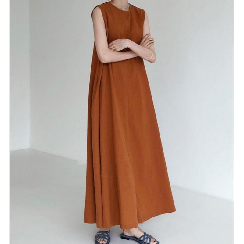 Pumpkin Color Lazy Simple Swing Loose Sleeveless A-line Vest Long Skirt Slimming Dress