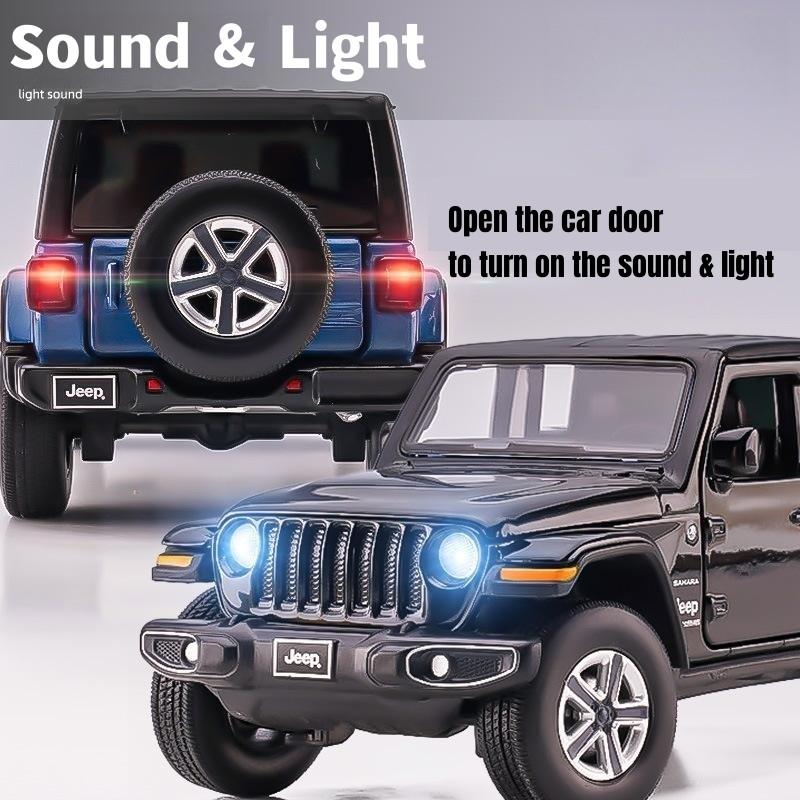 1/32 Jeep Wrangler Sahara Diecast Toy Car Model SUV Miniature Free Wheels Doors Openable Sound Light Collection Gift for Boy Kid