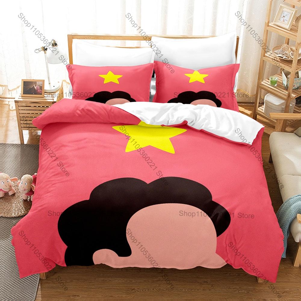 Cooles 3-in-1 Steven Universe Bettwäsche-Set, Bettbezug + Zwei Kissenbezüge, Niedlicher Anime-Kunstdruck Weicher Stoff Schönes Geschenk
