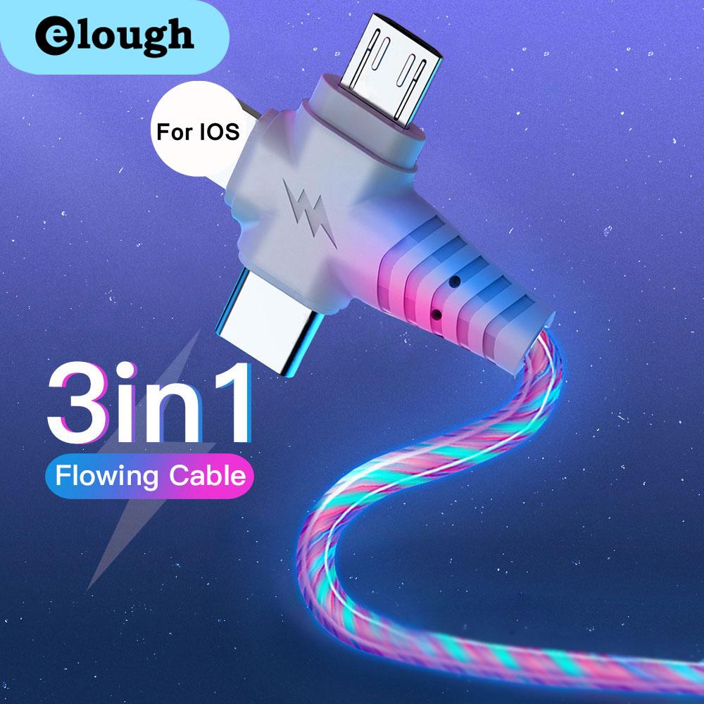

Eluogh 3in1 Flow Luminous Led Lighting USB-кабель для iPhone 13 12 11 Pro Max Micro USB Type C Кабель зарядного устройства Проводной шнур для Huawei Xiaom
