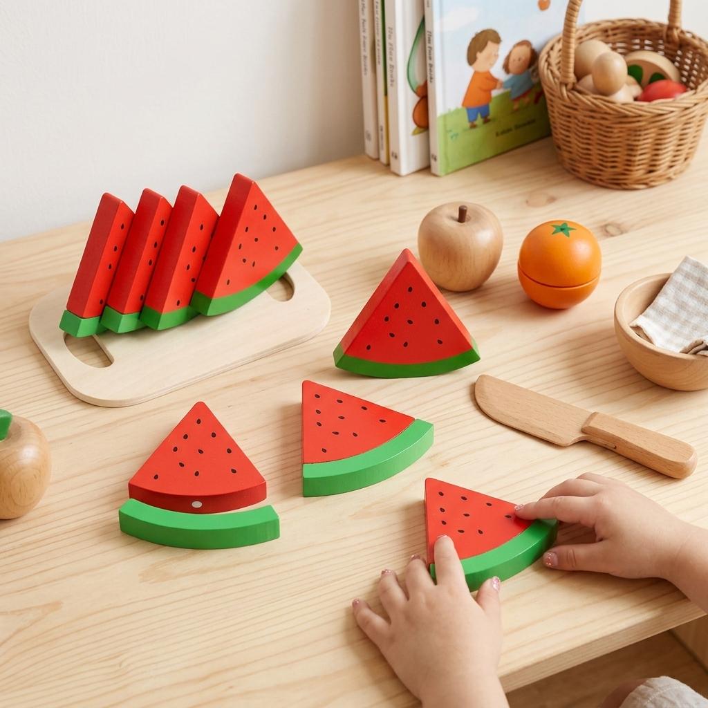 Wooden-Watermelon Toy for Kids Educational Fruit Model Role Play Gift for Boys and Girls Summer Present