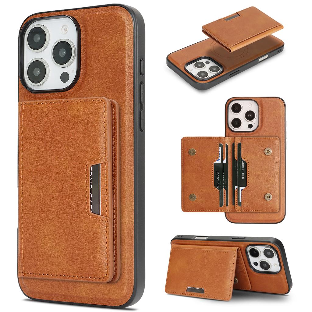 For iPhone 15 Pro Kickstand Case Bi-fold Card Bag PU Leather Coated TPU Cover Compatible with MagSafe