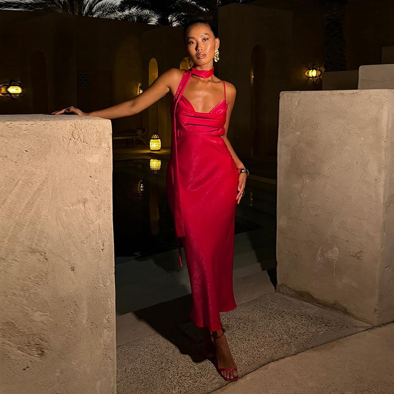 Autumn Women's Fashion Long Dress Celeb Style Sexy Slim Satin Ribbon Slip Dress