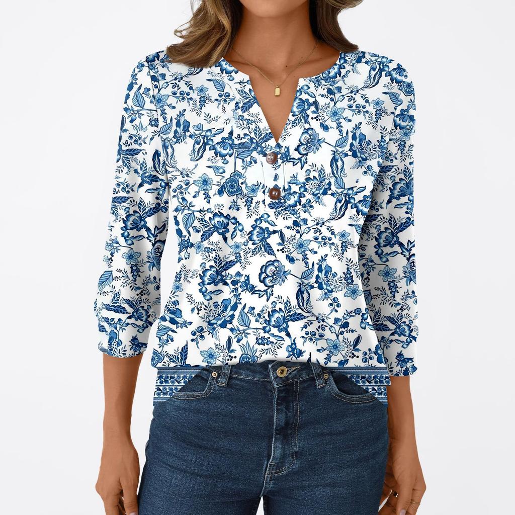Women's Fashion Casual 3/4 Sleeve T-Shirt Prints V-Neck Button Top